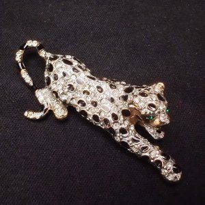 Vintage 80's Leopard Jaguar Cat Rhinestone Brooch
